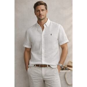 Polo Ralph Lauren Linen Shirt Mens L White Short Sleeve Button Down Summer